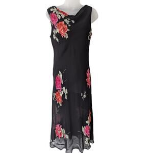 Vintage Evan-Picone Drape Neck‎ Dark Floral Maxi Dress Romantic Goth Fairy Sz 12